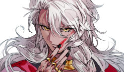 Rule 34 | 1boy, black nails, blood, blood on face, braid, dark-skinned male, dark skin, expressionless, fate/grand order, fate (series), hair between eyes, hair over shoulder, han12sara, highres, jewelry, long eyelashes, long hair, male focus, nail polish, neck ring, portrait, ring, simple background, solo, solomon (fate), white background, white hair, yellow eyes