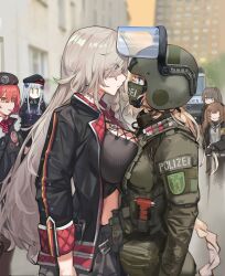 Rule 34 | 6+girls, armband, asymmetrical docking, black jacket, breast press, breasts, cleavage, collared jacket, combat helmet, cross-laced clothes, eye contact, g36 (girls&#039; frontline), g36c (girls&#039; frontline), g36c (mod3) (girls&#039; frontline), girls&#039; frontline, grey hair, headset, helmet, highres, hk416 (girls&#039; frontline), jacket, large breasts, long hair, looking at another, military, military uniform, mp7 (girls&#039; frontline), multiple girls, outdoors, photo-referenced, sawkm, ump45 (girls&#039; frontline), ump9 (girls&#039; frontline), uniform, very long hair, yellow armband