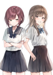 Rule 34 | 2girls, black skirt, blue bow, blush, bow, breasts, brown eyes, brown hair, brown skirt, clenched teeth, closed mouth, collared shirt, commentary request, crossed arms, dress shirt, long hair, looking at viewer, medium breasts, midorikawa you, mole, mole under eye, multiple girls, original, pleated skirt, shirt, simple background, skirt, teeth, white background, white shirt