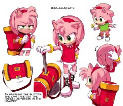 Rule 34 | absurdres, aged down, amy rose, english text, furry, furry female, green eyes, hammer, hedgehog, hedgehog ears, hedgehog tail, highres, holding, holding hammer, isa-415810, pink fur, sleeveless, sonic (series)