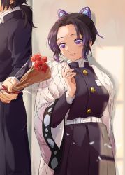 Rule 34 | 1boy, 1girl, atara yoruki, belt, belt buckle, birthday, black hair, black jacket, breasts, buckle, butterfly hair ornament, buttons, commentary request, faceless, faceless male, flower, forehead, gift, gradient hair, hair ornament, haori, happy birthday, highres, holding, holding flower, indoors, jacket, japanese clothes, kimetsu no yaiba, kochou shinobu, large breasts, lips, long hair, long sleeves, looking to the side, multicolored hair, nail, parted lips, ponytail, purple eyes, purple hair, red flower, red ribbon, ribbon, short hair, smile, teeth, tomioka giyuu, two-tone hair, uniform, white belt