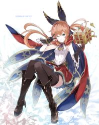 Rule 34 | 10s, 1girl, black footwear, black gloves, black thighhighs, blush, book, boots, brown hair, cape, clarisse (granblue fantasy), gloves, gradient background, granblue fantasy, green eyes, hair ribbon, knee boots, long hair, looking at viewer, one eye closed, open mouth, ponytail, ribbon, skirt, sleeveless, smile, solo, thighhighs, v, very long hair, yukihiko (tyabobo)