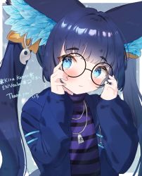 Rule 34 | 1girl, animal ear fluff, animal ears, blue eyes, blue hair, blush, commission, commissioner upload, dress, glasses, hair ornament, highres, ichi (ichimano), indie virtual youtuber, jacket, jewelry, kira kuroto, long sleeves, looking at viewer, necklace, open clothes, open jacket, puffy sleeves, purple dress, simple background, skeb commission, sleeves past wrists, solo, striped clothes, striped dress, twintails, virtual youtuber
