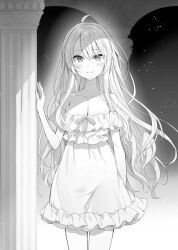 Rule 34 | 1girl, ahoge, bcoca, breasts, cleavage, dress, frilled dress, frills, greyscale, monochrome, novel illustration, official art, sky, smile, solo, star (sky), starry sky, tagme