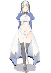 Rule 34 | 1girl, arms behind back, bebebe (pepegakii), black thighhighs, blonde hair, blue eyes, breasts, cleavage, closed mouth, commentary request, covered erect nipples, full body, highres, juliet sleeves, large breasts, long hair, long sleeves, looking at viewer, no bra, nun, original, over-kneehighs, puffy sleeves, simple background, solo, standing, thighhighs, thighs, white background