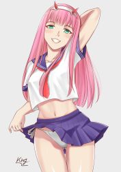 Rule 34 | 10s, 1girl, arm behind head, arm up, binyarit15, blue skirt, breasts, clothes lift, collarbone, commentary, darling in the franxx, english commentary, green eyes, hairband, highres, horns, lifted by self, long hair, looking at viewer, medium breasts, midriff, navel, necktie, panties, pink hair, red horns, red necktie, school uniform, serafuku, shirt, side-tie panties, signature, skirt, skirt lift, smile, solo, underwear, white hairband, white panties, white shirt, zero two (darling in the franxx)