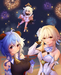 Rule 34 | 3girls, absurdres, aerial fireworks, ahoge, bare shoulders, black gloves, blonde hair, blue hair, bodystocking, boots, breasts, cleavage, commentary request, detached sleeves, dress, fingerless gloves, fireworks, flower, ganyu (genshin impact), genshin impact, gloves, grey hair, hair between eyes, hair flower, hair ornament, halo, hand up, highres, horns, index finger raised, long hair, long sleeves, lumine (genshin impact), medium breasts, multiple girls, night, night sky, outdoors, paimon (genshin impact), red eyes, single thighhigh, sky, thighhighs, thighhighs under boots, very long hair, white dress, white flower, white footwear, white sleeves, white thighhighs, wide sleeves, yellow eyes, zhai mu q