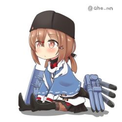 Rule 34 | 1girl, ahenn, black footwear, black gloves, black hat, black skirt, blush, boots, brown eyes, brown hair, chibi, fingerless gloves, fur hat, gloves, hair ornament, hairclip, hat, jacket, kantai collection, long hair, long sleeves, low twintails, lowres, machinery, pantyhose, papakha, pleated skirt, scarf, simple background, sitting, skirt, solo, star (symbol), tashkent (kancolle), thigh boots, thighhighs, torn clothes, torn scarf, torpedo tubes, turret, twintails, white background, white jacket, white scarf, white theme