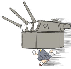 Rule 34 | 1girl, big head, blew andwhite, brown footwear, cannon, character request, chibi, clenched hands, commentary request, flat color, full body, graphite (medium), grey skirt, kantai collection, miniskirt, running, short sleeves, simple background, skirt, solo, speed lines, traditional media, turret, white background, white legwear
