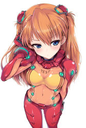 Rule 34 | 1girl, blush, bodysuit, breasts, cleavage, closed mouth, covered navel, from above, frown, highres, interface headset, kasai shin, long hair, medium breasts, multicolored bodysuit, multicolored clothes, navel, neon genesis evangelion, orange bodysuit, pilot suit, plugsuit, rebuild of evangelion, red bodysuit, see-through, see-through bodysuit, shiny clothes, solo, souryuu asuka langley, standing, test plugsuit, very long hair, wide hips