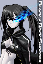 Rule 34 | 10s, 1girl, black rock shooter, black rock shooter (character), blue eyes, collarbone, copyright name, female focus, g-tetsu, grey background, long sleeves, looking at viewer, midriff, monochrome, navel, pale skin, simple background, solo, spot color, star (symbol), stomach, swimsuit, toned, twintails, vocaloid, zipper
