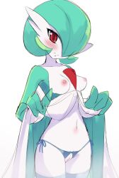 Rule 34 | 1girl, black panties, blush, breasts, closed mouth, clothes lift, colored skin, creatures (company), dress, dress lift, female focus, game freak, gardevoir, gen 3 pokemon, highres, lifted by self, looking at viewer, momendoufu, navel, nintendo, nipples, panties, pearl thong, pokemon, pokemon (creature), red eyes, side-tie panties, small breasts, solo, thighhighs, thong, tsurime, underwear, white skin