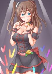 Rule 34 | 1girl, anti (untea9), black choker, black dress, blue eyes, blush, breasts, brown hair, choker, cleavage, concert, dress, frilled dress, frills, glowstick, heart, heart hands, highres, idol, idol clothes, kantai collection, large breasts, long hair, looking at viewer, saratoga (kancolle), smile, stage, stage lights