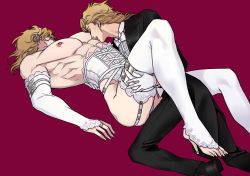 Rule 34 | 2boys, abs, ass, black pants, blonde hair, braid, bridal gauntlets, closed eyes, corset, dio brando, father and son, feet, giorno giovanna, gloves, highres, huang lia, incest, jewelry, jojo no kimyou na bouken, long hair, long sleeves, lying, male focus, multiple boys, muscular, muscular male, nipple piercing, nipples, pants, pectorals, piercing, ring, smaller dominant, thighhighs, white gloves, white thighhighs, yaoi
