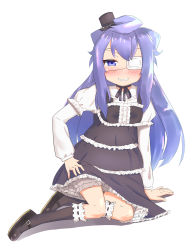 Rule 34 | 1boy, black dress, bloomers, blue hair, blush, dress, eyepatch, full body, gothic lolita, grin, hacka doll, hacka doll 3, hat, highres, kneehighs, lolita fashion, long hair, male focus, mary janes, mini hat, mini top hat, pajhmh, purple eyes, shoes, simple background, smile, socks, solo, top hat, trap, underwear, white background