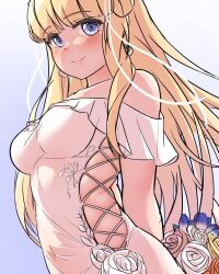 Rule 34 | 1girl, arthur ko, blonde hair, bouquet, breasts, double bun, dress, fletcher (kancolle), flower, gradient background, hair bun, highres, kantai collection, large breasts, long hair, off-shoulder dress, off shoulder, official alternate costume, purple eyes, rose, solo, unfinished, white background, white dress, white flower, white rose