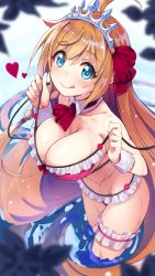 Rule 34 | 1girl, :q, ahoge, bikini, blue eyes, blush, breasts, collarbone, commentary request, hair ribbon, heart, highres, large breasts, long hair, orange hair, osa (osaosa), partially submerged, pecorine (princess connect!), princess connect!, red bikini, red ribbon, ribbon, solo, swimsuit, tiara, tongue, tongue out, wading, water, wet