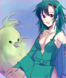 Rule 34 | 1girl, aged up, artist request, blue eyes, blush, breasts, cape, chocobo, cleavage, collarbone, detached sleeves, final fantasy, final fantasy iv, green hair, hair ornament, long hair, looking at viewer, medium breasts, open mouth, rydia (ff4), smile