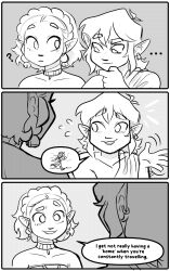 Rule 34 | ..., 1boy, 1girl, 3koma, ?, archaic set (zelda), closed mouth, collarbone, comic, commentary, earrings, english commentary, english text, greyscale, highres, jewelry, link, looking at another, monochrome, nintendo, princess zelda, raysdrawlings, short hair, smile, speech bubble, spoken character, the legend of zelda, the legend of zelda: tears of the kingdom