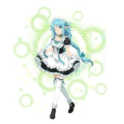 Rule 34 | 1girl, ;), apron, asuna (sao-alo), black dress, blue eyes, blue hair, bow, braid, braided ponytail, breasts, choker, cleavage, collarbone, dress, floating hair, frilled dress, frilled thighhighs, frills, full body, gloves, green bow, hair bow, long hair, low-tied long hair, maid headdress, medium breasts, one eye closed, pointy ears, short hair, single braid, skirt hold, smile, solo, standing, sword art online, thighhighs, transparent background, very long hair, white apron, white gloves, white thighhighs
