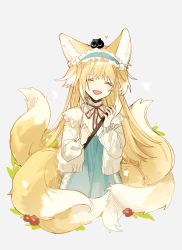 Rule 34 | :d, ^ ^, absurdres, animal, animal ears, animal on head, arknights, black cat, blue dress, cardigan, cat, cat on head, closed eyes, dress, facing viewer, fox ears, fox girl, fox tail, grey background, guozhihanliangweida 10, hands up, happy, heart, heixiu, highres, kitsune, multiple tails, neck ribbon, official alternate costume, on head, open cardigan, open clothes, open mouth, red ribbon, ribbon, simple background, smile, suzuran (arknights), suzuran (spring praise) (arknights), tail, luo xiaohei zhanji, two-tone dress, upper body, white cardigan, white dress