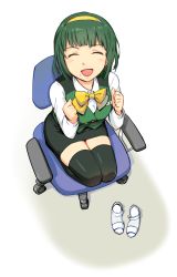 Rule 34 | 1girl, :d, amado (shin), bad id, bad pixiv id, black thighhighs, chair, clenched hand, clenched hands, closed eyes, from above, full body, green hair, hairband, idolmaster, idolmaster (classic), mole, mole under mouth, office chair, office lady, open mouth, otonashi kotori, pencil skirt, seiza, shoes, unworn shoes, short hair, sitting, skirt, smile, solo, swivel chair, thighhighs, zettai ryouiki