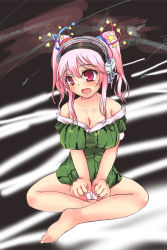 Rule 34 | 1girl, alternate hairstyle, bad id, bad pixiv id, bare shoulders, barefoot, blush, bow, breasts, cleavage, female focus, food print, hair bow, headphones, indian style, large breasts, long hair, nitroplus, open mouth, pink eyes, pink hair, shappo (dodosyappo), sitting, solo, super sonico, twintails, watermelon print
