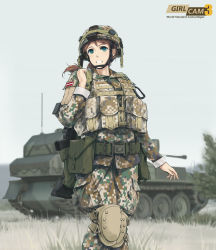 Rule 34 | 1girl, assault rifle, belt, blurry, brown hair, camouflage, carabiner, caterpillar tracks, chin strap, copyright name, depth of field, grass, green eyes, grin, gun, h&amp;k g36, happy, heckler &amp; koch, helmet, highres, knee pads, latvia, latvian flag, load bearing vest, long hair, looking to the side, m109 howitzer, military, military uniform, military vehicle, motor vehicle, original, outdoors, ponytail, pouch, rifle, self-propelled gun, sky, smile, soldier, solo, tank, tanto (tc1995), tree, uniform, walking, weapon