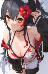 Rule 34 | 1girl, absurdres, animal ears, arm up, armpits, bare shoulders, bikini, bikini under clothes, black choker, black hair, black jacket, blush, bow, breasts, choker, cleavage, closed mouth, collarbone, commentary request, cowboy shot, flower, front-tie bikini top, front-tie top, hair bow, hair flower, hair ornament, halterneck, hand on own thigh, hibiscus, highres, hololive, izumi sai, jacket, large breasts, leaf print, leaning forward, long hair, long sleeves, looking at viewer, maple leaf print, multicolored hair, navel, no shirt, nose shade, off shoulder, ookami mio, ookami mio (hololive summer 2019), open clothes, open fly, open jacket, orange eyes, ponytail, revision, short shorts, shorts, side-tie bikini bottom, sidelocks, skindentation, smile, solo, standing, stomach, streaked hair, string bikini, swimsuit, tail, thigh gap, thigh strap, thighs, virtual youtuber, white bikini, white shorts, wolf ears, wolf girl, wolf tail