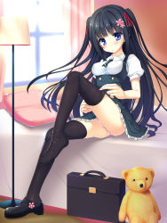 Rule 34 | 1girl, bed, black hair, black thighhighs, blue eyes, blush, breasts, briefcase, buttons, curtains, day, double-breasted, dressing, flower, frills, full body, hair flower, hair ornament, hair ribbon, highres, indoors, lamp, leg up, long hair, mary janes, ochinsama, on bed, original, panties, pillow, pink panties, red ribbon, ribbon, school uniform, shoes, short sleeves, single shoe, sitting, solo, stuffed animal, stuffed toy, teddy bear, thighhighs, two side up, underwear, very long hair, window