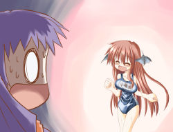 Rule 34 | 2girls, bad proportions, bare shoulders, bat wings, blush, breasts, closed eyes, female focus, head wings, koakuma, large breasts, long hair, multiple girls, narrow waist, o o, one-piece swimsuit, open mouth, patchouli knowledge, purple hair, red hair, running, school swimsuit, surprised, sweat, swimsuit, embodiment of scarlet devil, touhou, wings, yuuji (itadon)