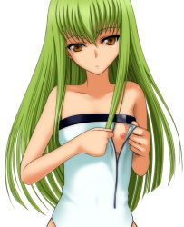 Rule 34 | 00s, 1girl, 40010prototype, bare shoulders, breasts, c.c., code geass, green hair, long hair, nipples, pantyhose, simple background, small breasts, solo, undressing, white background, yellow eyes, zipper