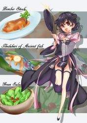 Rule 34 | 1girl, alternate color, arch bishop (ragnarok online), black dress, black footwear, black hair, black horns, cleavage cutout, clothing cutout, commentary request, cross, curled horns, dated commentary, double bun, dress, fish, fish (food), fishnet thighhighs, fishnets, flat chest, food, fruit, frying pan, full body, hair between eyes, hair bun, high heels, highres, holding, holding frying pan, horns, juliet sleeves, kawagoe pochi, lemon, lemon slice, long sleeves, looking at viewer, open mouth, pink dress, plate, puffy sleeves, purple eyes, ragnarok online, salad, short hair, smile, solo, steak, thighhighs, tomato, two-tone dress, yellow thighhighs