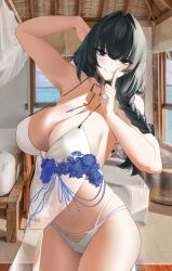 Rule 34 | 1girl, absurdres, arm behind head, bikini, black hair, blue flower, braid, braided ponytail, breasts, brown hair, choker, cleavage, finger to mouth, flower, goddess of victory: nikke, grin, hair intakes, highres, jewelry, large breasts, long hair, low ponytail, mary (bay goddess) (nikke), mary (nikke), necklace, phantasmaliagon, shushing, smile, solo, swimsuit, swimsuit cover-up, unusually open eyes, white bikini