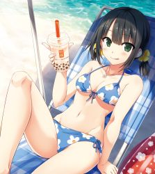 Rule 34 | 1girl, :q, arm support, beach, bikini, black hair, blue bikini, blush, breasts, bubble tea, cleavage, closed mouth, collarbone, cup, cura, day, drinking straw, floral print, flower, front-tie bikini top, front-tie top, groin, hair flower, hair ornament, highres, holding, holding cup, jewelry, knee up, looking at viewer, lying, medium breasts, navel, necklace, on back, original, outdoors, scan, short hair, short twintails, side-tie bikini bottom, sitting, smile, solo, swimsuit, tongue, tongue out, twintails, water