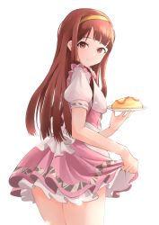 Rule 34 | 1girl, absurdres, alternate costume, b1ack illust, blunt bangs, brown hair, dress, enmaided, food, highres, holding, holding tray, idolmaster, idolmaster million live!, idolmaster million live! theater days, long hair, looking at viewer, looking back, maid, omelet, omurice, pink dress, puffy short sleeves, puffy sleeves, short sleeves, simple background, skirt hold, smile, solo, tanaka kotoha, tray, twisted torso, very long hair, white background