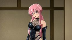 Rule 34 | 1girl, :o, anime coloring, babydoll, bare shoulders, blush, breasts, choker, cleavage, dominatrix, female focus, fishnets, gasai yuno, hair between eyes, hair ribbon, head tilt, leotard, lipstick, long hair, looking at another, makeup, mirai nikki, open mouth, pink eyes, pink hair, ponytail, red lips, red lips, ribbon, sleeveless, sleeveless turtleneck, solo, turtleneck, upper body, yandere