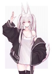 Rule 34 | 1girl, absurdres, animal ears, black thighhighs, buran (kure), cowboy shot, dress, facial mark, fox ears, fox tail, hand in pocket, heart, highres, jacket, long hair, looking at viewer, original, red eyes, simple background, solo, strap slip, tail, thighhighs, twintails, white dress, white hair, wide sleeves