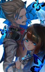Rule 34 | 1boy, 1girl, ascot, bad id, bad twitter id, blue cape, blue eyes, blue umbrella, blurry, brown hair, buckle, bug, butterfly, cape, character request, chromatic aberration, closed mouth, commentary request, depth of field, expressionless, facial hair, fate/grand order, fate (series), fingernails, glowing butterfly, grey hair, highres, holding, holding umbrella, insect, james moriarty (archer) (fate), kashu (hizake), lace, long hair, long sleeves, looking at viewer, looking to the side, mustache, parasol, red ascot, shirt, sideways glance, smile, swept bangs, umbrella, white background, white shirt