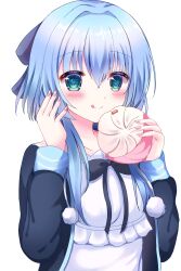 Rule 34 | 1girl, :q, baozi, black bow, black jacket, blue hair, blush, bow, casual, closed mouth, commentary request, eyes visible through hair, fingernails, food, green eyes, hair between eyes, hair intakes, hamidashi creative, hands up, highres, holding, holding food, jacket, long sleeves, looking at viewer, nishiki asumi, open clothes, open jacket, pom pom (clothes), shione shiose, shirt, short hair with long locks, simple background, smile, solo, split mouth, tongue, tongue out, upper body, white background, white shirt