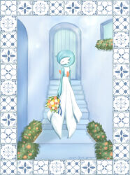 Rule 34 | 1girl, absurdres, alternate color, arms at sides, artist name, blue hair, blue ribbon, blue skin, blue theme, bob cut, border, bouquet, bush, closed eyes, colored skin, creatures (company), door, female focus, flower, from behind, full body, game freak, gardevoir, gen 3 pokemon, highres, holding, holding bouquet, multicolored skin, nintendo, omochi (aoi guruguru), ornate border, outdoors, pokemon, pokemon (creature), profile, red flower, ribbon, shiny pokemon, short hair, signature, solo, stairs, standing, twitter username, two-tone skin, u u, white flower, white skin, yellow flower