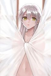 Rule 34 | 1girl, absurdres, breasts, completely nude, covering breasts, covering privates, curtains, fire emblem, fire emblem: radiant dawn, grey hair, hair between eyes, hazuki (nyorosuke), highres, long hair, looking at viewer, micaiah (fire emblem), navel, nintendo, nude, small breasts, solo, stomach, upper body, yellow eyes
