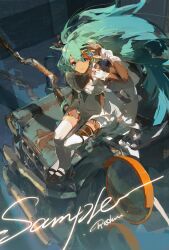 Rule 34 | 1girl, aqua hair, artist name, black bow, black footwear, black gloves, bow, bowtie, breasts, brooch, building, car, closed mouth, commission, dress, earrings, fingerless gloves, floating hair, gloves, hair between eyes, highres, holding, jewelry, long hair, looking at viewer, metal, motor vehicle, nail polish, original, ponytail, puffy sleeves, purple eyes, purple nails, redum4, ribbon, sample watermark, sitting, sitting on car, small breasts, smile, solo, thighhighs, very long hair, watermark, white bow, white ribbon, white thighhighs