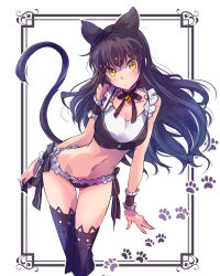 Rule 34 | 1girl, absurdres, alternate costume, animal ears, bell, bikini, black hair, blake belladonna, bow, breasts, cat ears, cat tail, collar, commentary request, enmaided, frilled bikini, frilled bikini, frills, hair bow, highres, iesupa, long hair, looking at viewer, maid, medium breasts, navel, neck bell, ribbon, rwby, side-tie bikini bottom, solo, standing, swimsuit, tail, thigh gap, thighhighs, wrist cuffs, yellow eyes