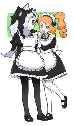 Rule 34 | 1boy, 1girl, :d, alternate costume, apron, arms behind back, bad id, bad twitter id, black dress, black footwear, black hair, black pantyhose, commentary request, creatures (company), crossdressing, dede (qwea 00000), dress, enmaided, eyeshadow, frills, game freak, green eyes, grey eyeshadow, gym leader, hair ornament, hair over one eye, heart, heart hair ornament, highres, korean commentary, leg up, long hair, long sleeves, maid, maid headdress, makeup, multicolored hair, nail polish, nintendo, open mouth, orange hair, pale skin, pantyhose, piers (pokemon), pokemon, pokemon swsh, shoes, side ponytail, smile, sonia (pokemon), standing, tongue, two-tone hair, white apron, white background, white hair, white pantyhose