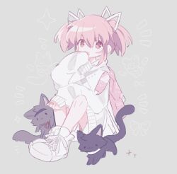 Rule 34 | 1girl, akemi homura, animalization, bandaid, bandaid on hand, bow, cat, chinese commentary, commentary request, grey background, hair bow, kaname madoka, long sleeves, mahou shoujo madoka magica, mahou shoujo madoka magica (anime), open mouth, pink eyes, pink hair, shoes, simple background, sleeves past fingers, sleeves past wrists, sneakers, socks, sparkle, sweater, tukiliii, twintails, white bow, white footwear, white socks, white sweater
