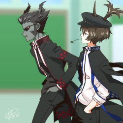 Rule 34 | 10s, 2boys, artist name, black hair, brown hair, colored skin, dated, gakuran, grey skin, hands in pockets, hat, jacket, jacket on shoulders, kabutomoaki (show by rock!!), kuwagatatsuya (show by rock!!), male focus, mouth hold, multiple boys, peaked cap, personification, school uniform, shikido (khf), show by rock!!, spiked hair, stalk in mouth, straw (stalk), sunglasses, walking