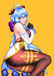 Rule 34 | absurdres, blue hair, bodystocking, clothes pull, ganyu (genshin impact), genshin impact, highres, legs, ohmyseki, see-through, skirt, skirt pull, thick thighs, thighs