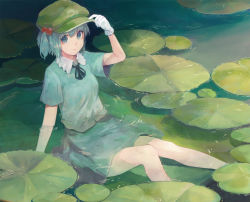 Rule 34 | 1girl, :p, adjusting clothes, adjusting headwear, arm up, black ribbon, blue eyes, blue hair, blue shirt, blue skirt, collared shirt, feet out of frame, flat cap, frilled shirt collar, frills, gloves, green hat, hair bobbles, hair ornament, hand on headwear, hat, kawashiro nitori, knee up, light blue hair, lily pad, looking at viewer, matumasima, outstretched arm, partially submerged, ribbon, ripples, shirt, short hair, short sleeves, short twintails, sidelocks, sitting, skirt, skirt set, smile, solo, tongue, tongue out, touhou, twintails, two side up, water, white gloves