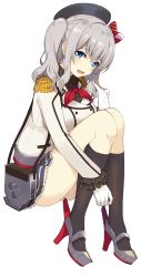 Rule 34 | 10s, 1girl, bag, beret, black socks, blush, breasts, buttons, double-breasted, epaulettes, full body, grey hair, hat, high heels, highres, kantai collection, kashima (kancolle), kneehighs, knees together feet apart, looking at viewer, medium breasts, military, military uniform, open mouth, panties, shoulder bag, simple background, sitting, smile, socks, solo, sukebewe, teeth, thighs, twintails, underwear, uniform, wavy hair, white background, white panties